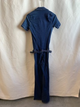 FRANKIE B, Blue, Cotton, Spandex, Solid, Button Front, Collar Attached, Short Sleeves, 2 Flap Patch Pockets, Self Belt, Belt Loops