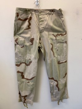 N/L, Beige, Lt Brown, Cotton, Camouflage, Desert Camo, 6 Pockets Including Cargo Pockets at Hips, Button Fly, Military Issue
