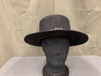 N/L, Black, Wool, Solid, Flat Crown, Flat Brim, Leather Hat Band with Brass Buckle
