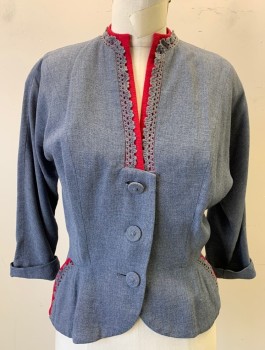 MINX MODES, Slate Blue, Cranberry Red, Cotton, 3/4 Dolman Sleeves, 3 Self Fabric Buttons at Front, Round Neck with Low V Notch, Cranberry Accent at Neck, with Gray Crochet Lace, Peplum Waist, No Lining,