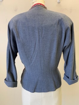 MINX MODES, Slate Blue, Cranberry Red, Cotton, 3/4 Dolman Sleeves, 3 Self Fabric Buttons at Front, Round Neck with Low V Notch, Cranberry Accent at Neck, with Gray Crochet Lace, Peplum Waist, No Lining,