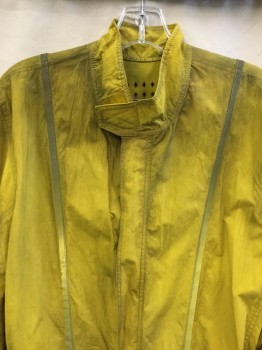 MTO, Yellow, Polyester, Nylon, Solid, (Multiple)  (Aged/Distressed)  Dirty Yellow, Mock Collar Attached with Velcro Closure, Vertical Yellow Reflector Tape and "DMC" , Cut Out Small Diamond on Upper Back, Hidden Zip Front, Short Velcro Belt Front Center, Side, Long Sleeves Cuffs & Pants Hem