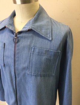 N/L, Denim Blue, Lt Blue, Poly/Cotton, Solid, Chambray, Zip Front with O-Ring Zipper Pull, Collar Attached, 2 Patch Pockets at Chest,