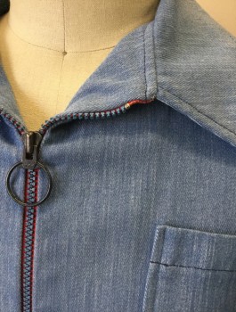 N/L, Denim Blue, Lt Blue, Poly/Cotton, Solid, Chambray, Zip Front with O-Ring Zipper Pull, Collar Attached, 2 Patch Pockets at Chest,