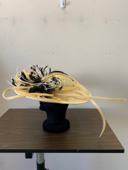 NO LABEL, Beige, Black, White, Straw, Feathers, Solid, Large Wide Brim, Feather/ Feather Flower Detail, Neck Strap, White Ribbon Brim Trim
