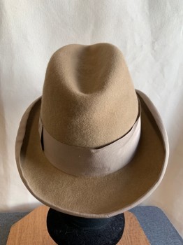 MTO/ PIERONI BRUNO, Dusty Brown, Wool, Wide Grosgrain Hat Band with Bow, Brown Grosgrain Edge Trim, Felted