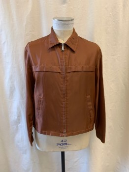 RICE, Brown, Nylon, Collar Attached, Zip Front, 2 Pockets, Long Sleeves, Tan Stitching