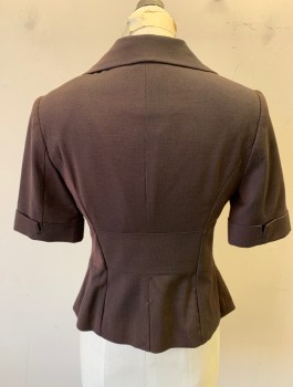 THE LIMITED, Dk Red, Black, Polyester, Viscose, Birds Eye Weave, Short Sleeves, 3 Hook & Eye Closures at Front, Notched Lapel, Slight Bow Detail at Waist, Folded Sleeve Cuffs, Lightly Padded Shoulders