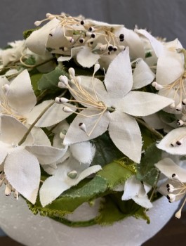 BATTELSTEIN'S, Olive Green, White, Silk, Velvet Covered Wire with 3 Dimensional Silk Flowers, Silk Bows, in Fair Condition, Some of the Flowers are Smooshed a Bit