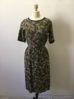 NL, Cream, Brown, Lime Green, Gray, Black, Cotton, Floral, Pansy Printed Homespun Cotton. Black Trim at Crew Neck and Short Sleeve Trim. Skirt Pleated to Waist. Zipper Center Back. Darted Waist with Matching Self Belt