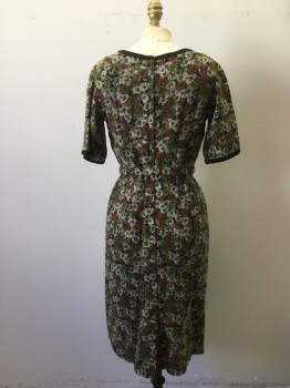 NL, Cream, Brown, Lime Green, Gray, Black, Cotton, Floral, Pansy Printed Homespun Cotton. Black Trim at Crew Neck and Short Sleeve Trim. Skirt Pleated to Waist. Zipper Center Back. Darted Waist with Matching Self Belt