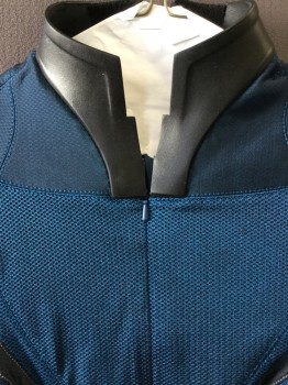 MTO, Teal Blue, Black, Gray, Rubber, Spandex, Solid, Color Blocking, Long Sleeve Jumpsuit, Back Zipper, Front Neck Zip Placket, Rubber Stand Collar, Foot and Hand Stirrups, Ribbed Panels and Chevron Inserts. Petite Height