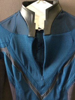 MTO, Teal Blue, Black, Gray, Rubber, Spandex, Solid, Color Blocking, Long Sleeve Jumpsuit, Back Zipper, Front Neck Zip Placket, Rubber Stand Collar, Foot and Hand Stirrups, Ribbed Panels and Chevron Inserts. Petite Height