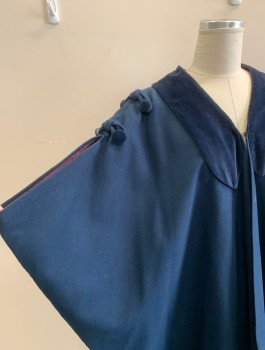 N/L, Navy Blue, Wool, Solid, Felt with Velvet Trim, 2 Loops with Velvet Buttons at Shoulders, Open at Center Front with 1 Hook & Eye, Armholes at Sides, Mid Calf Length, Dark Purple Lining, Made To Order