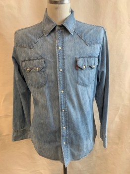 LEVI'S, Denim Blue, Cotton, Solid, Collar Attached, Snap Front, Long Sleeves, 2 Pockets, 3 Snap Cuffs