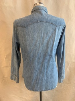 LEVI'S, Denim Blue, Cotton, Solid, Collar Attached, Snap Front, Long Sleeves, 2 Pockets, 3 Snap Cuffs