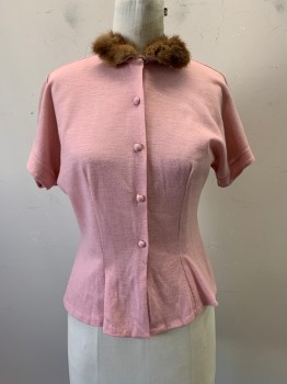 ALICE STUART, Lt Pink, Brown, Wool, Fur, Solid, CARDIGAN, Small Brown Fur at C.A., S/S, Button Front, 2 Buttons at Each Cuff, Peplum Waist