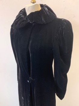 COLEMAN'S, Black, Silk, Solid, Velvet, Long Puffy Sleeves with Smocked Gathering at Shoulders, Rounded Collar, 2 Self Fabric Buttons with Loop Closures, Ankle Length, Cream Lining, in Good Condition, a Few Marks on Velvet