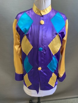 N/L, Purple, Goldenrod Yellow, Turquoise Blue, Polyester, Diamonds, Color Blocking, Jockey Jacket, Child Size, Satin, 3 Fabric Covered Buttons, Band Collar, Comes With Matching Hat (CF021648)
