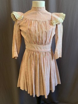 N/L, Off White, Red, Cotton, Plaid - Tattersall, L/S, Band Collar,  Round Yoke at Neck/Shoulders, Ruffles at Shoulders with Cream Lace Edges, Gathered Dropped Waist, Buttons in Back