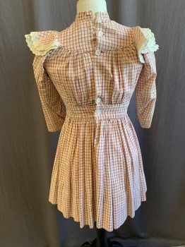 N/L, Off White, Red, Cotton, Plaid - Tattersall, L/S, Band Collar,  Round Yoke at Neck/Shoulders, Ruffles at Shoulders with Cream Lace Edges, Gathered Dropped Waist, Buttons in Back