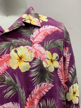 TOMMY BAHAMAS, Dk Purple, Pink, Multi-color, Silk, Floral, C.A., Button Front, S/S, 1 Pocket, Yellow And Dark Green Details