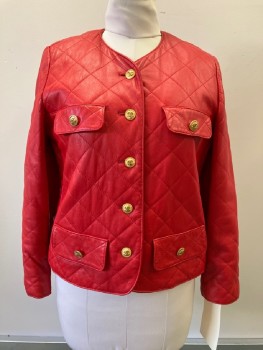 SAKS FIFTH AVE., Red, Leather, Solid, Diamond Quilted, 4 Faux Button Flap Pckts, B.F., Gold Buttons with "Chanel" Logo