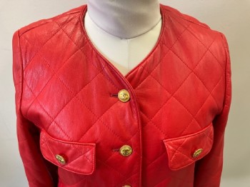 SAKS FIFTH AVE., Red, Leather, Solid, Diamond Quilted, 4 Faux Button Flap Pckts, B.F., Gold Buttons with "Chanel" Logo