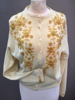 N/L, Lt Yellow, Yellow, Wool, Beaded, Solid, Floral, Solid Pale Yellow Button Front, Long Sleeves, Gold Floral Beaded Front and Back Neck, Ribbed Knit Crew Neck/Cuff/Waistband, 1 Missing Button, Cardigan