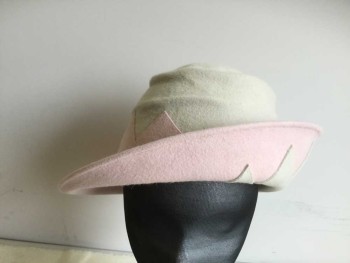 Stephen Jones, Antique White, Pink, Wool, Assymetric Hat, Pink Brim Half Up/half Down, Antique White with Pink Triangle, Brim with Antique White Triangle Detail