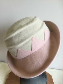 Stephen Jones, Antique White, Pink, Wool, Assymetric Hat, Pink Brim Half Up/half Down, Antique White with Pink Triangle, Brim with Antique White Triangle Detail