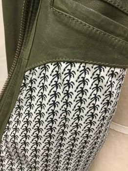 SCOTCH & SODA, Olive Green, Cream, Green, Leather, Solid, Olive Leather, Cream W/dark Palm Trees Lining, Collar Attached, 2 Pockets Bottom W/flap, 1 Brass Button, Long Sleeves, W/zip at Cuffs