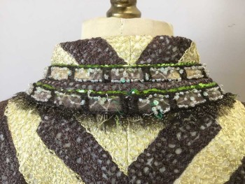 MTO, Brown, Lime Green, Lt Yellow, Silk, Synthetic, Stripes - Diagonal , Jacket, Light Yellow Satin Lining.open Front. Long Sleeves. Iridescent  Bead and Lime Green Sequin Trim. Circular Shaped Clasp at Neck Front on Collar Band of Lime, Magenta and Cream Rhinestones. Non Functioning Clasp. Self Frayed Brown Speckled Chiffon at Beaded Edge. Hidden Hook & Eye Closure at Center Front
