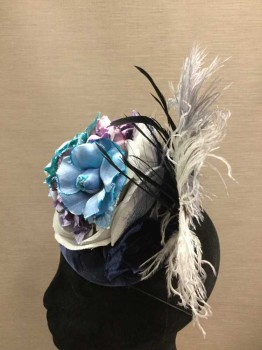 LISA SHAUB COUTURE, Navy Blue, Lt Gray, Blue, Purple, Black, Synthetic, Navy Velvet Base Hat with Elastic Band, Gray/Navy/Purple/Blue Florettes, Gray/Black Feathers in Back