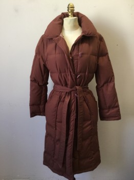 CYCLONE, Brown, Polyester, Solid, Quilted Long Puffy Coat, L/S, Zip Front with Toggle/Eye on Top, C.A., 2 Pckts, Self Belt