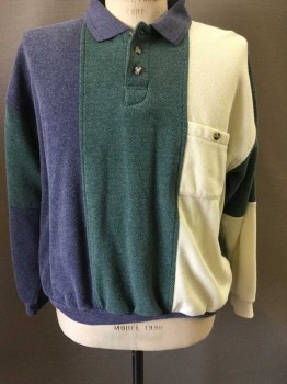 XCEPTIONS, Navy Blue, Cream, Forest Green, Polyester, Cotton, Color Blocking, Pique, Multi Paneled Stripes Of Color, Long Sleeves, 3 Buttons At Neck,