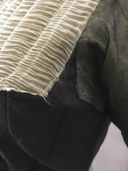 N/L MTO, Black, Taupe, Cotton, Polyester, Solid, Black Cotton with Taupe Changable Finely Gathered Chiffon Pleats at Bust/Down Center Back, Black Sheer Net Long Sleeves with Opaque Taupe Underlayer, Hook & Eye Closures at Front, Made To Order Reproduction