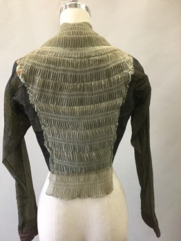 N/L MTO, Black, Taupe, Cotton, Polyester, Solid, Black Cotton with Taupe Changable Finely Gathered Chiffon Pleats at Bust/Down Center Back, Black Sheer Net Long Sleeves with Opaque Taupe Underlayer, Hook & Eye Closures at Front, Made To Order Reproduction