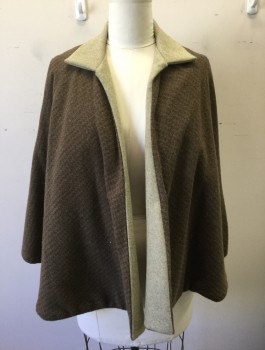 N/L MTO, Brown, Taupe, Wool, Solid, Brown Textured Wool with Taupe Collar and Outer Lining, Waist Length, Open at Center Front with No Closures, Made To Order, **Barcode Hidden Under Lining
