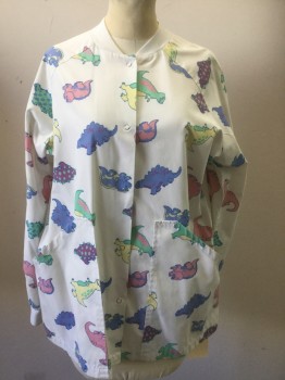 ANGELICA, Cream, Pink, Purple, Green, Yellow, Polyester, Cotton, Animal Print, Multicolor Dinosaurs, Snap Front, Long Sleeves, 2 Pockets,