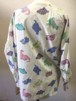 ANGELICA, Cream, Pink, Purple, Green, Yellow, Polyester, Cotton, Animal Print, Multicolor Dinosaurs, Snap Front, Long Sleeves, 2 Pockets,