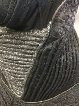 N/L MTO, Black, Iridescent Black, Silver, Synthetic, Hood with Open Face: Sheer Net with Silver Panel at Top of Head, Open at Face, Connected to Neck/Shoulderpiece with Finely Ribbed Metallic Black Fabric, Triangular Panel at Center Front Neck with Silver Metallic Ribbed Material, Zipper at Center Back, Made To Order