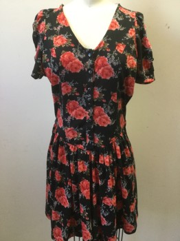 MILLAU, Black, Red, White, Green, Lt Gray, Cotton, Polyester, Floral, Short Sleeves, Scoop Neck, Button Front Placket