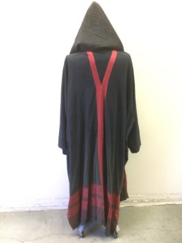 MTO, Black, Red, Cotton, Solid, Open Front with Leather Tie at Neck, Hooded, Aged/Distressed, Unlined. Multiples, BAR CODE is at Center Back Behind Selvage of Insert