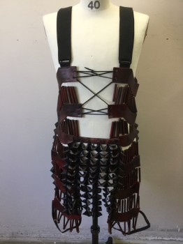 MTO, Red Burgundy, Black, Leather, Wood, Reptile/Snakeskin, Lace Up Front, Nylon Buckle Straps Back, Suspenders, All Adjustable, Wood Beads Cover the Thighs with Elastic Strap at Knee, Loin Cloth Made of Leather Butterfly Pieces, 'Snake' Skin Texture at Belt Portion. Almost Double FC045739
