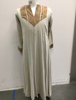 N/L MTO, Oatmeal Brown, Ochre Brown-Yellow, Beige, Lavender Purple, Terracotta Brown, Linen, Cotton, Solid, Swirl , Natural Linen Floor Length Robe, Panels of Beige Cotton with Muted Color Swirled Passementarie Appliqués at Front and Cuffs,  V-notch at Neck, Long Sleeves, Aged Lightly Throughout