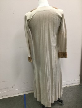 N/L MTO, Oatmeal Brown, Ochre Brown-Yellow, Beige, Lavender Purple, Terracotta Brown, Linen, Cotton, Solid, Swirl , Natural Linen Floor Length Robe, Panels of Beige Cotton with Muted Color Swirled Passementarie Appliqués at Front and Cuffs,  V-notch at Neck, Long Sleeves, Aged Lightly Throughout