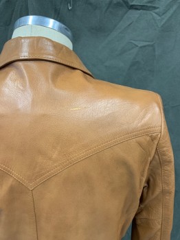 LEATHER FASHIONS, Caramel Brown, Leather, Solid, Single Breasted, Collar Attached, Notched Lapel, 2 Pockets, Wester Yoke, Waist Seam *couple of Scratches*,