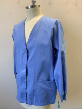 MEDGEAR SCRUBS, Periwinkle Blue, Poly/Cotton, Solid, Long Sleeves, 3 Snaps at Front, V-neck, 2 Patch Pockets at Hips, Rib Knit Cuffs, Drawstring Waist in Back