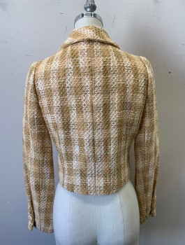 SUZANNE PONTIEU, Tan Brown, Beige, Cream, Cotton, Stripes - Vertical , Grid , Blazer, Straw Colored Fabric with "X" Shaped Embroidery, Double Breasted, Notched Lapel, Short Waisted, Self Fabric Covered Buttons, Butter Yellow Lining,